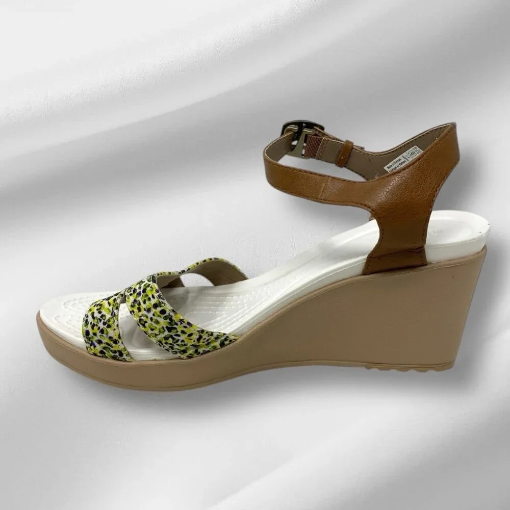 NEW Crocs Women's Leigh‎ II Ankle Strap Stylish Graphic Print Wedges Size 10